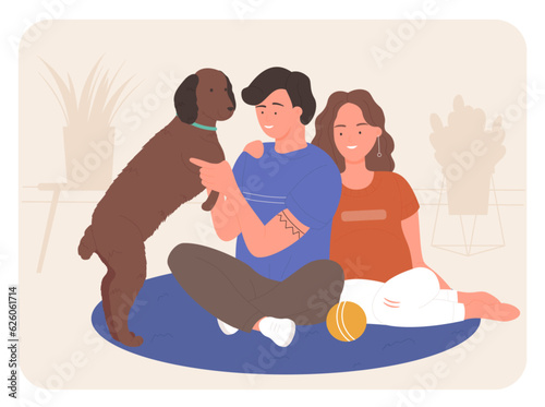 Happy couple with pet dog. Family adorable friend, playful doggy vector illustration