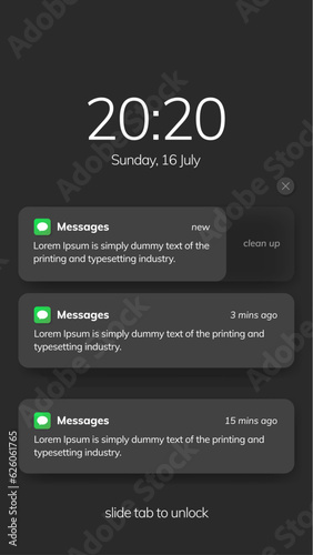 Notification screen UI design. Phone notification windows template on a dark background. Smartphone messaging interface. Vector illustration. Smartphone. Vector illustration.