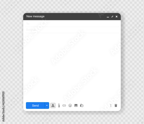Email interface. Mail window mobile and web template, internet message isolated frame, blank email. Modern flat style vector illustration.