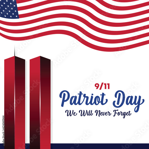 Remembering September 9 11. Patriot Day. September 11. Never Forget USA 9/11. Twin Towers On American Flag. World Trade Center Nine Eleven. Vector Design Template With Red, White And Blue Colour