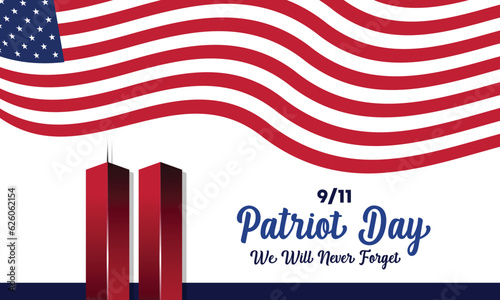 Remembering September 9 11. Patriot Day. September 11. Never Forget USA 9/11. Twin Towers On American Flag. World Trade Center Nine Eleven. Vector Design Template With Red, White And Blue Colour