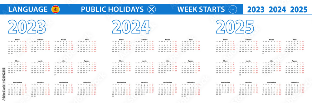 Simple calendar template in Spanish for 2023, 2024, 2025 years. Week starts from Monday.