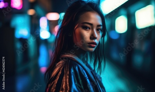 A girl with dark hair in a city with neon lights at night © Enigma