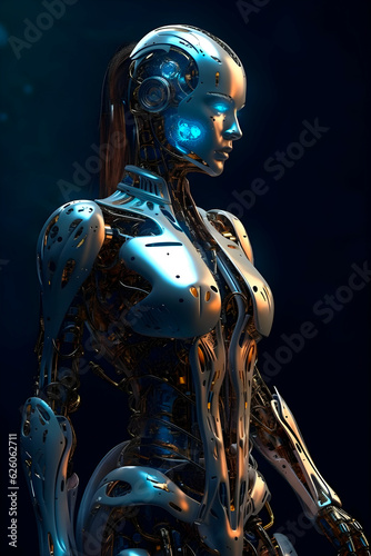 Techno cyborg girl metal body  futuristic design  blue lights on face. Man-Machine concept.