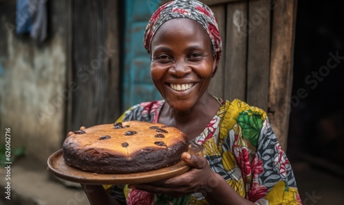 African woman showing a tasty cake