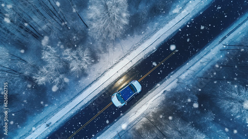 Top down view of a car driving on a snow covered road in the winter. Rural scenery. Generative AI