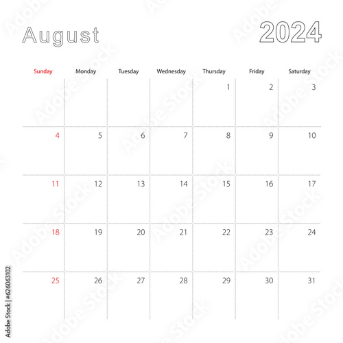 Simple wall calendar for August 2024 with dotted lines. The calendar is in English, week start from Sunday.