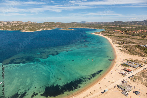 aerial view of popular windsurfers and kitesurfer spot porto pollo Sardinia