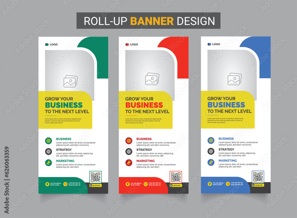 Roll up x banner standee banner template with creative shapes three ...