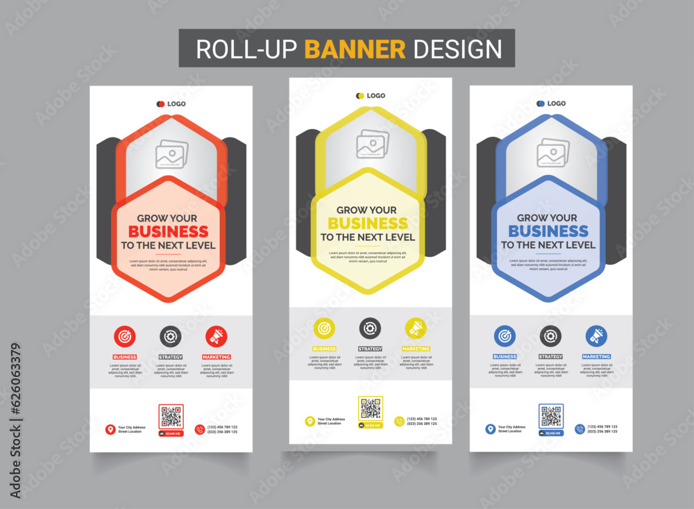 Roll up x banner standee banner template with creative shapes three ...