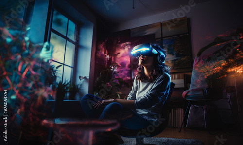 Woman using virtual reality glasses, innovative VR glasses - Generative AI