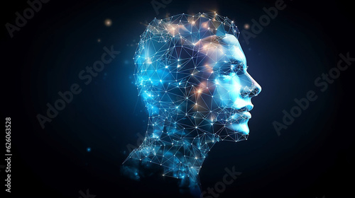 Man face polygon light , Human head in low poly style . Intelligence allegory AI , Facial Recognition System concept. biometric scanning