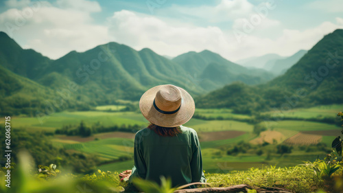 Woman traveler with hat and green tea plantation at doi angkhang mountain, Chiangmai, Thailand photo