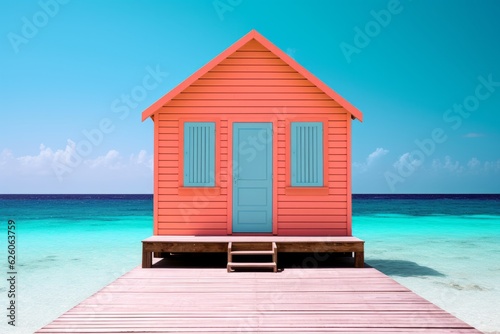 Tranquil Caribbean Retreat: Wooden House with Paradise Beach Background, Orange with Blue Doors © lucas