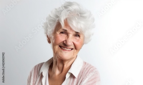 Happy elderly woman over white background