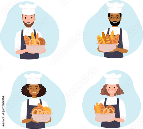 Set of four Baker Men and Women with Basket og Bread. Chef. African american baker. Set of bakers with fresh bread isolated on white Bakery shop. Vector illustration.