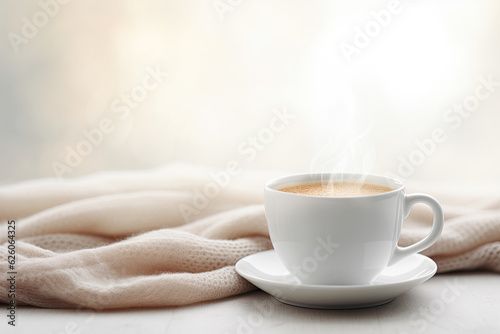 Cup of Steaming Tea Coffee on Plate Near Knitted Blanket on Blurred Background. Cozy Hygge Atmosphere at Home. Selective Focus.