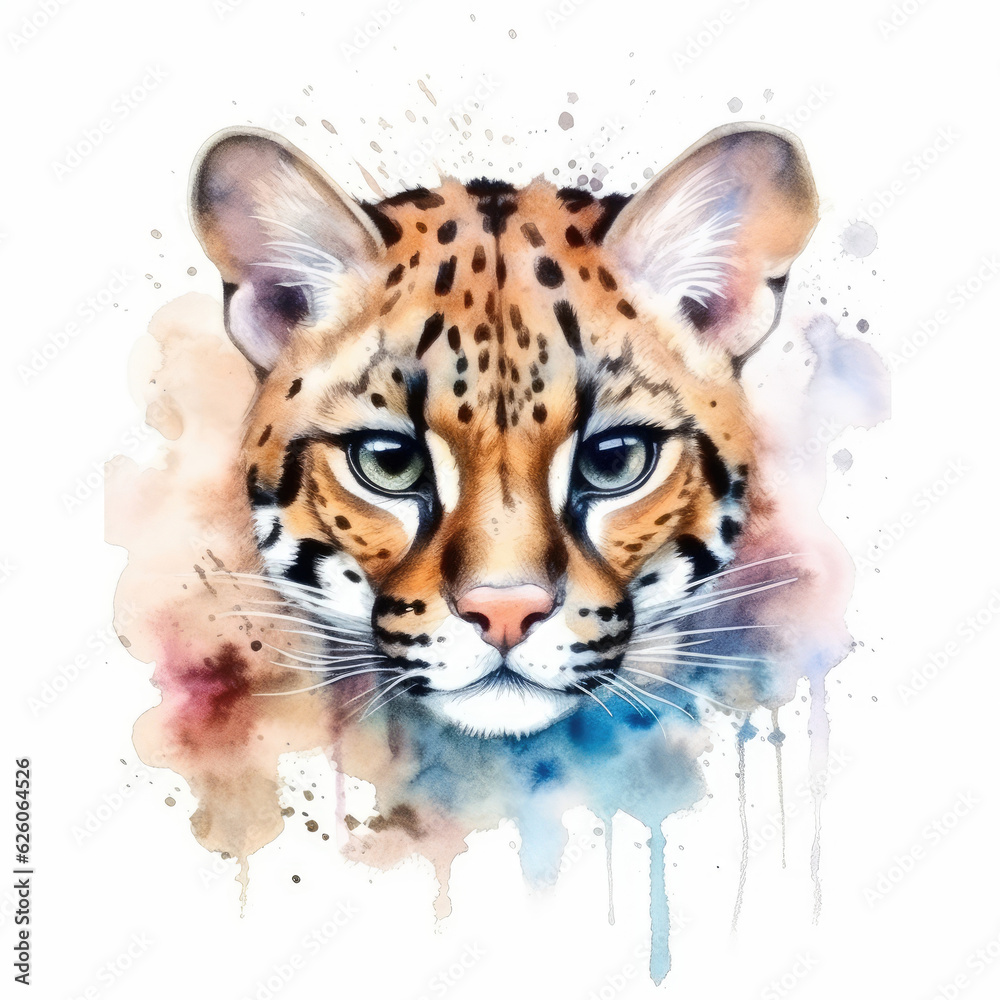 Watercolor ocelot . Generative Ai Watercolor ocelot . Generative Ai