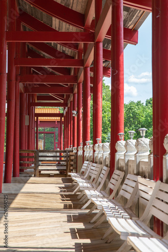 Vertical image of the building that houses the largest buddha statue in the western hemisphere  Chuang Yen Monastery in Carmel  New York.