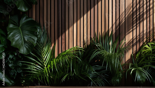 Fotografia Tropical Plants in Front of Wooden Wall -  AI-Generated