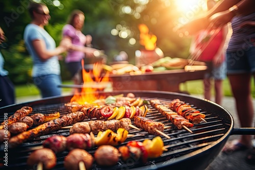 Barbecue Picnic on Blurred Background, Friends BBQ Party Outdoors, Generative AI Illustration