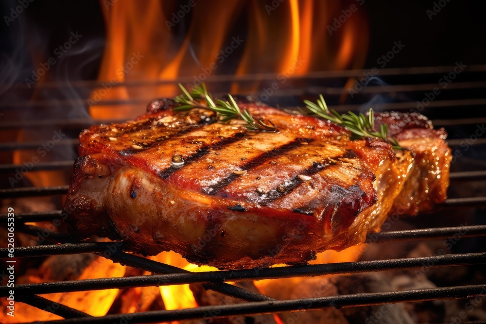 Big Steak on Grill, Meat Barbecue Closeup, Generative AI Illustration Big Steak on Grill, Meat Barbecue Closeup, Generative AI Illustration