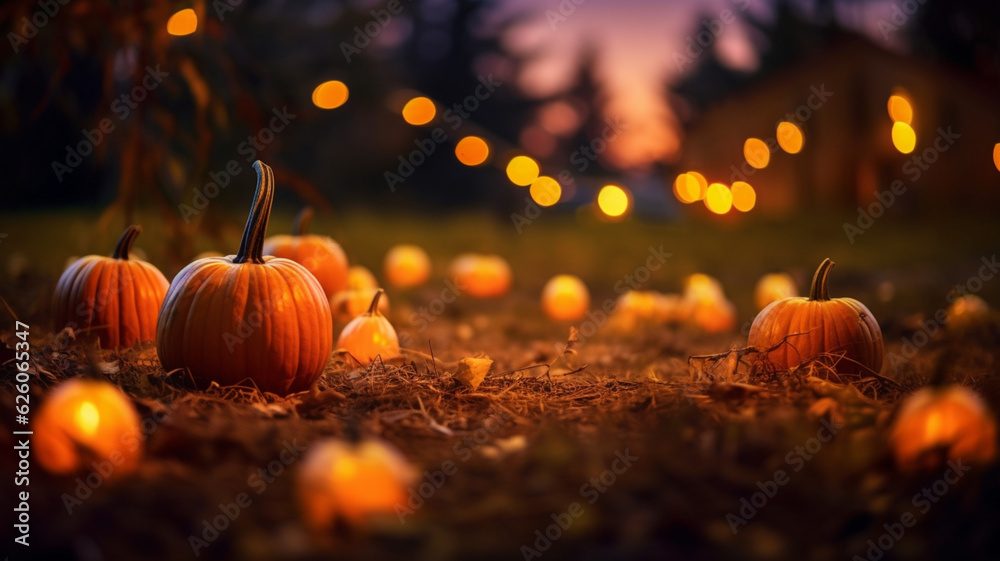 Pumpkins in field at sunset created with ai generative tools Pumpkins in field at sunset created with ai generative tools