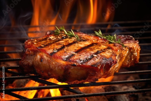 Big Steak on Grill, Meat Barbecue Closeup, Generative AI Illustration