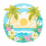 Seascape, tropical island. Landscape sea, palm trees, flowers, sun, clouds, a sky of delicate colors, drawn in a circle. Vector