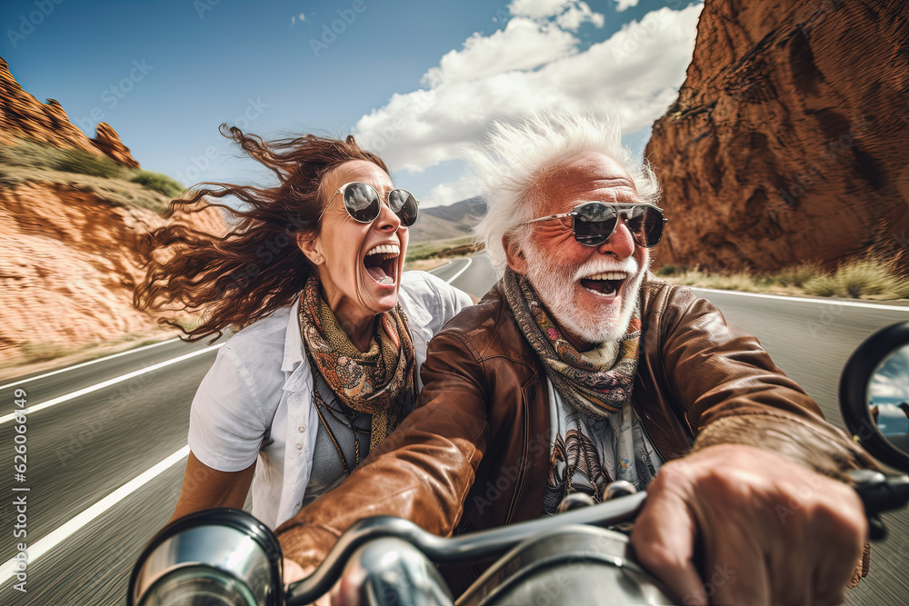 Happy Senior Couple traveling in their motorcycle. 
