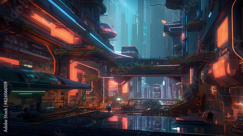 Step into the cybernetic frontier, where employees from the future immerse themselves in a virtual reality like no other. The scene is set in a futuristic cityscape, with towering holographic billboar photo