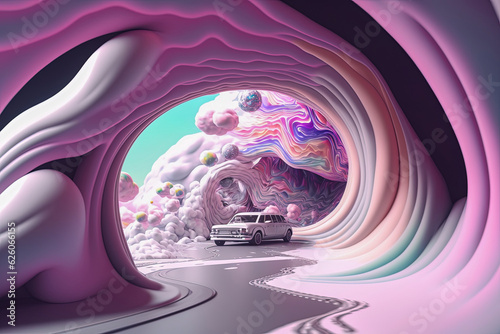Astronaut in car falling into a pastel neon black hole in mind-bending journey through space. Abstract concept for surreal visual effects. 