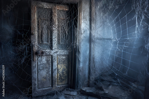 Old locked door with cobwebs in spooky style. Old closed wooden door. Mysterious wooden door. Realistic 3D illustration. Generative AI