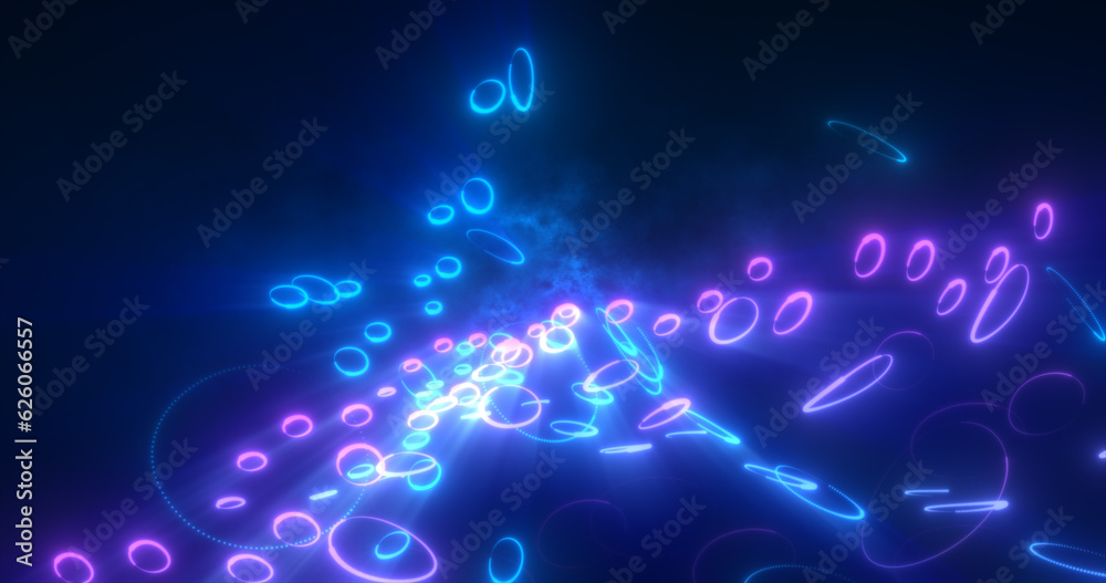 Abstract multi-colored glowing neon lines and energy laser circles flying on a black background Abstract multi-colored glowing neon lines and energy laser circles flying on a black background