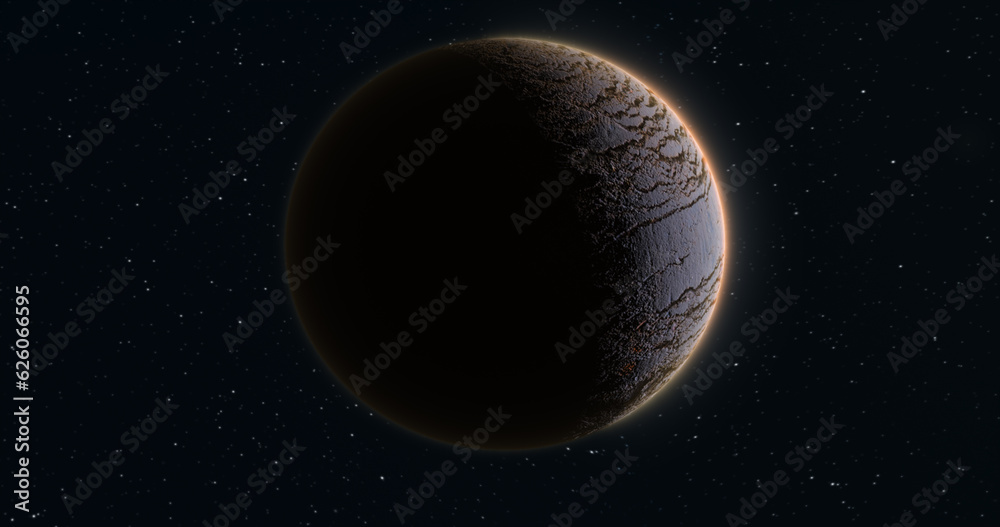 Abstract realistic space planet round sphere with a stone relief surface in space against the background of stars Abstract realistic space planet round sphere with a stone relief surface in space against the background of stars