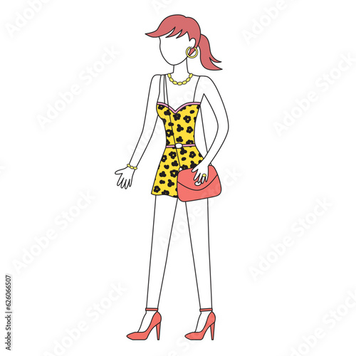 Girl fashion model wearing fashionable leopard fur print dress, red high heels shoes and shoulder bag, vector illustration.