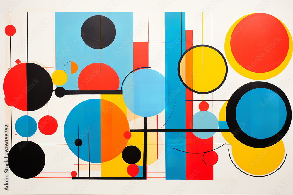 60s pop art geometric shapes, vibrant primary colors: reds, yellows, blues, simplistic circles, squares, and triangles, screen print style on paper, bold outlines