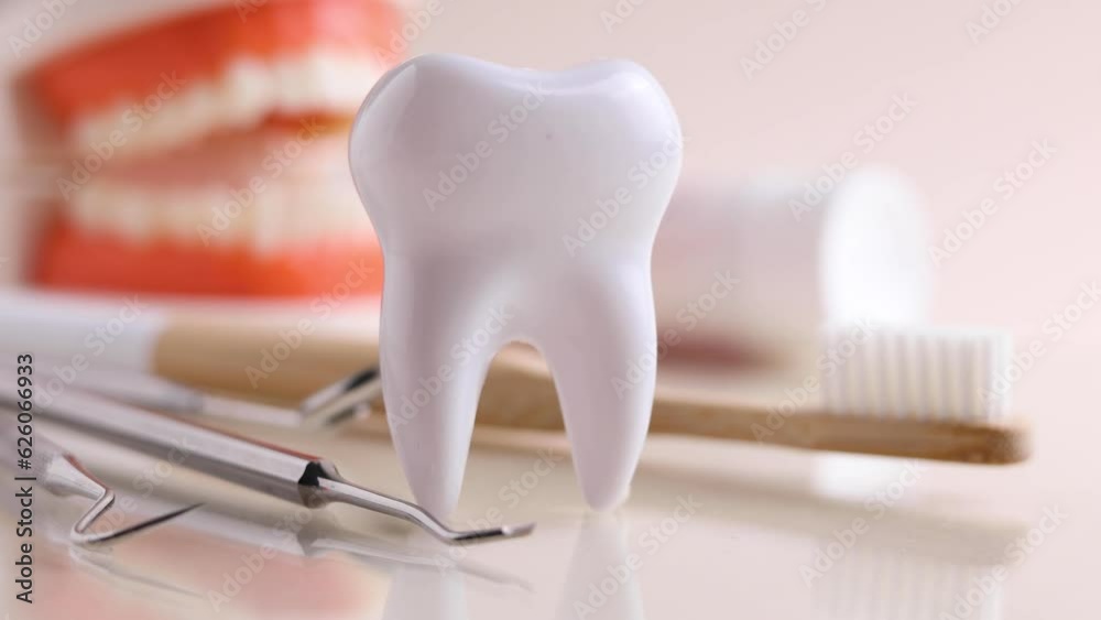 Dentistry concept. Model of a tooth and dental instruments on a colored background with space for text. Dentistry concept. Model of a tooth and dental instruments on a colored background with space for text.