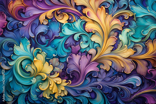 Seamless tile  graceful Rococo shapes and flourishes  vibrant palette of violet  teal blue  and golden yellow  oil painting technique