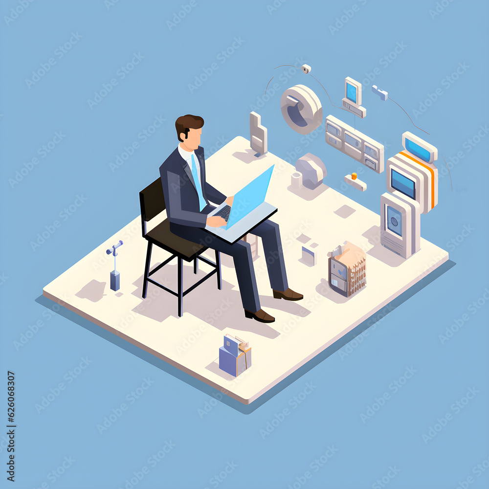 Isometric Vector Art of Businessman Sitting and Operating Laptop Surrounded by Files - AI-Generated

