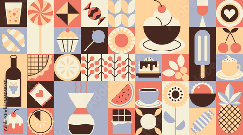 Geometric food pattern. Abstract bakery sweet dessert fruit simple shape, restaurant menu concept. Vector minimal banner