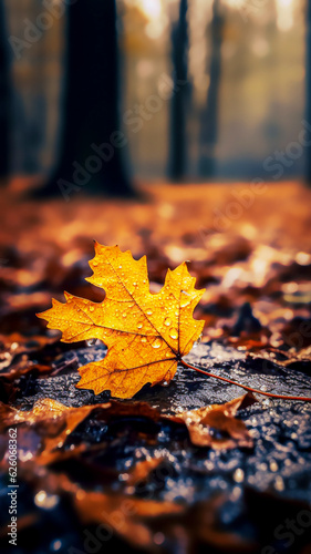 Maple leaf in the autumn forest. Seasonal natural background. selective focus.  