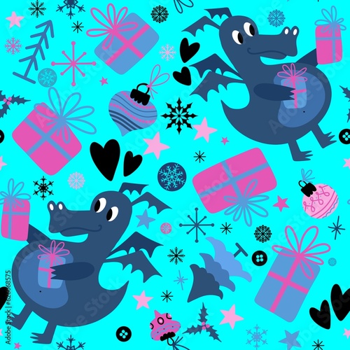 New year dragon seamless cartoon Christmas dinosaur pattern for wrapping paper and kids clothes print