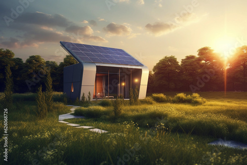 Vision of sustainable environment, house with solar panels against the sunset. Generative Ai