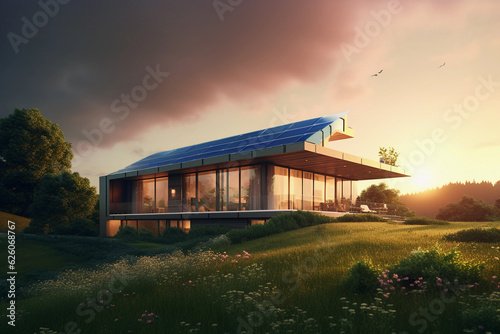 Modern architecture, house with solar panels, sign of sustainable development. Generative Ai