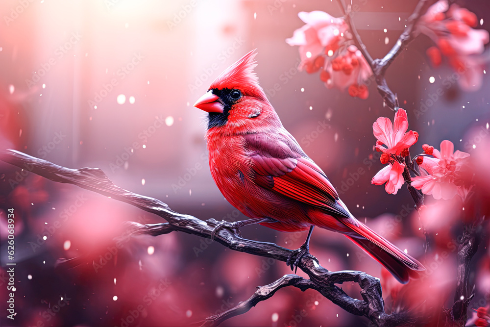 Red cardinal bird on a branch with cherry blossoms. Red cardinal bird on a branch with cherry blossoms.