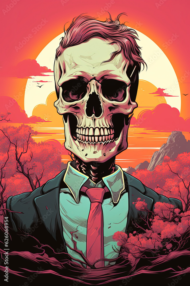 Funny illustration of skeleton business man on sunset background. Ideal for t-shirt, stickers. Funny illustration of skeleton business man on sunset background. Ideal for t-shirt, stickers.