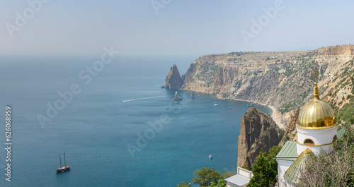 Panoramic view of Cape Fiolent with St. George Monastery, Sevastopol.