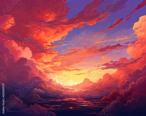The concept features a colorful sky background, showcasing a dramatic sunset, twilight colors, and cloud formations. (Generative AI)