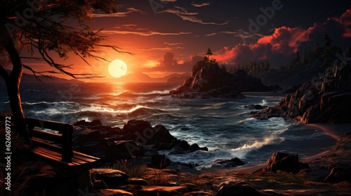 A boat rests in the water as the sun sets. (Generative AI)